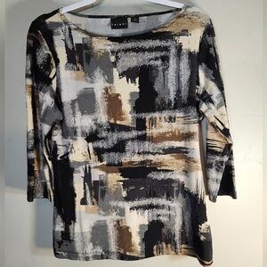 Tribal Women's Top in Black, Brown, and Cream Abstract Print Comfy Boho Sz M